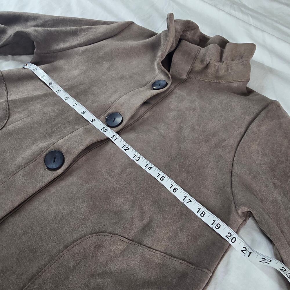 Damee Mock Funnel Neck Micro Faux Suede Jacket Taupe Brown Medium A-Line Swing - Picture 8 of 9